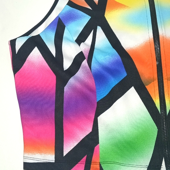 Bisou Bisou Beautiful Multicolor Stained Glass Placement Zip Front Top Size XL - Picture 11 of 12
